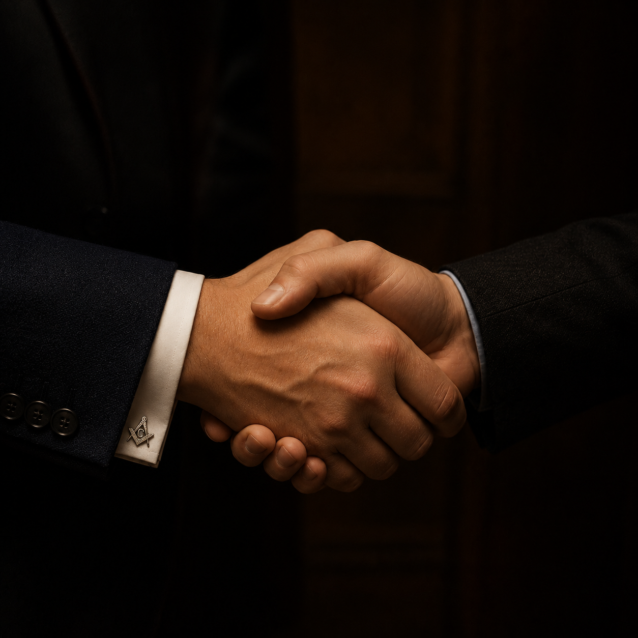 Dos hermanos se estrechan la mano; en el puño, la escuadra y el compás